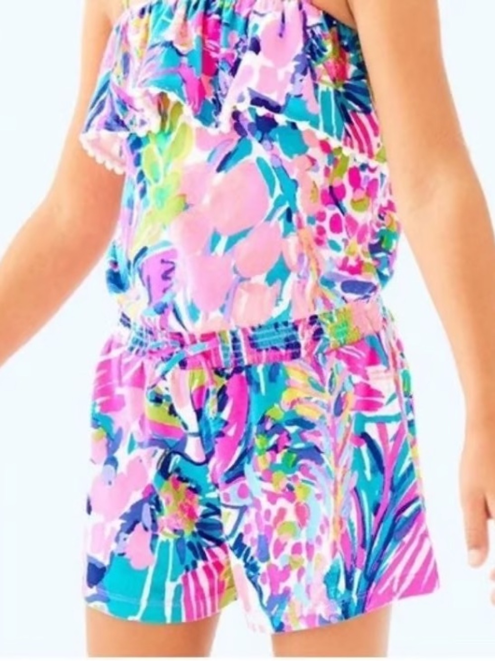 Lilly Pulitzer Leonie Romper Gumbo Limbo Pink Blue Floral Ruffle Trim Girls XL